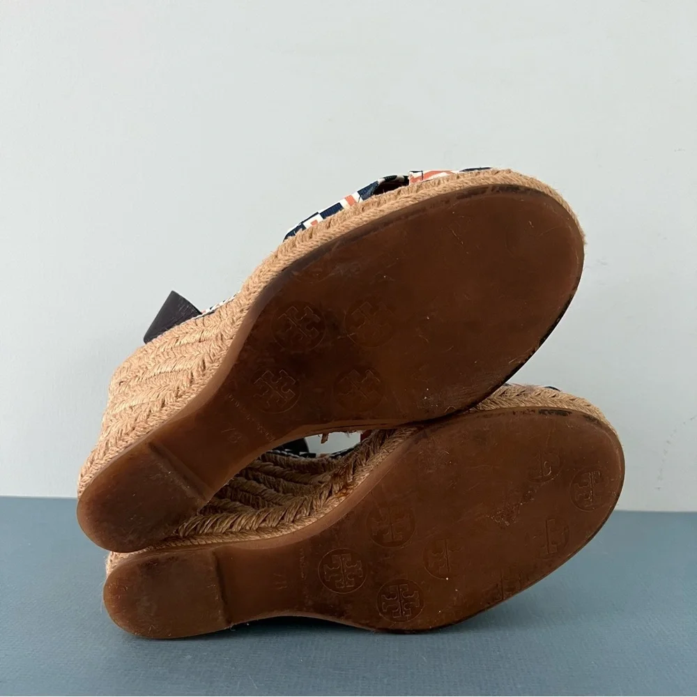 Tory Burch Criss Cross Blue & Orange Canvas Espadrille Jute Wedge Sandals‎